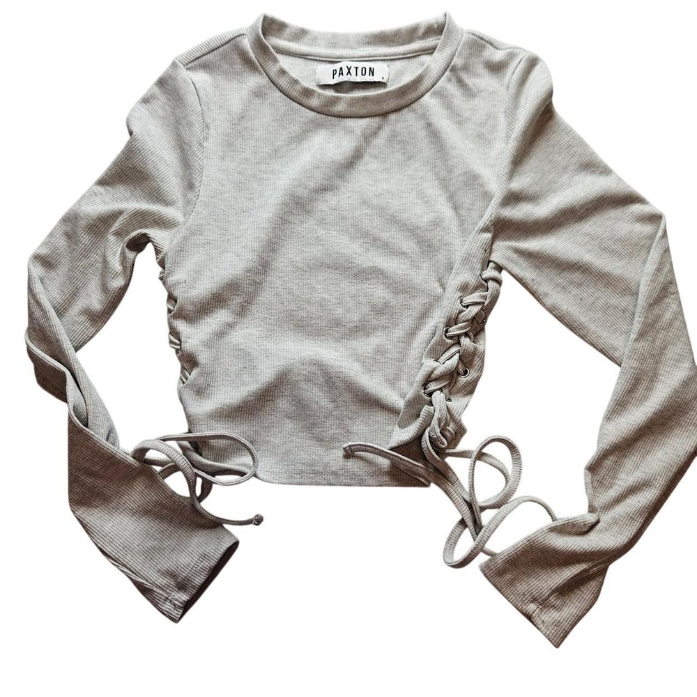 Paxton Heather Gray Ribbed Lace Up Side Long Sleeve Crop Top Size Medium